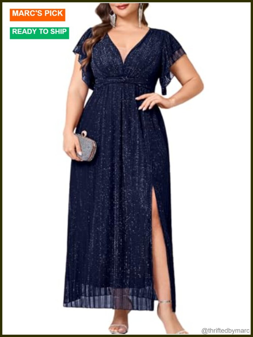 Plus Size Sparkly Formal Maxi Dress V Neck Ruffle Sleeves Slit Evening Gown